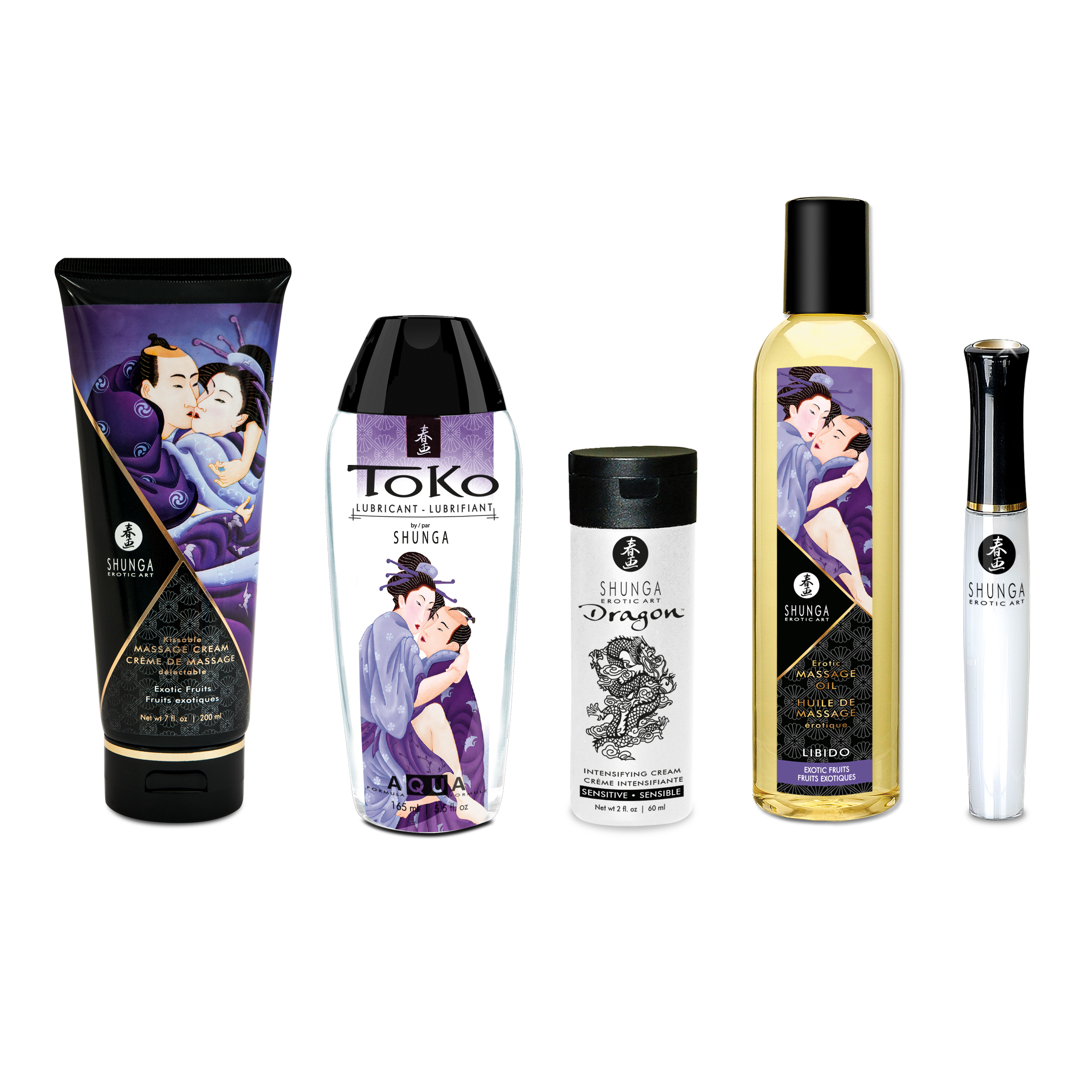 Ensemble de produits Plaisirs Charnels de Shunga réunit plusieurs essentiels intimes pour créer une expérience sensuelle complète.