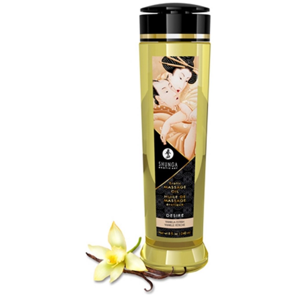 Huile de massage érotique Desire de Shunga. Huile de massage érotique à fragrance de vanille. Bouteille de 250 ml (8.4 us fl oz). Cette huile naturelle à 100 %, aux fragrances enivrantes, glisse aisément sur la peau sans laisser de sensation grasse.