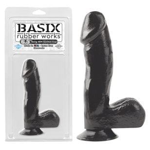 Ideal for beginners and experts alike, the Basix Rubber Works 6.5" dildo with testicles and black suction cup.