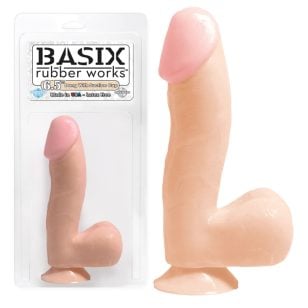 Ideal for beginners and experts alike, the Basix Rubber Works 6.5" dildo with testicles and skin suction cup.
