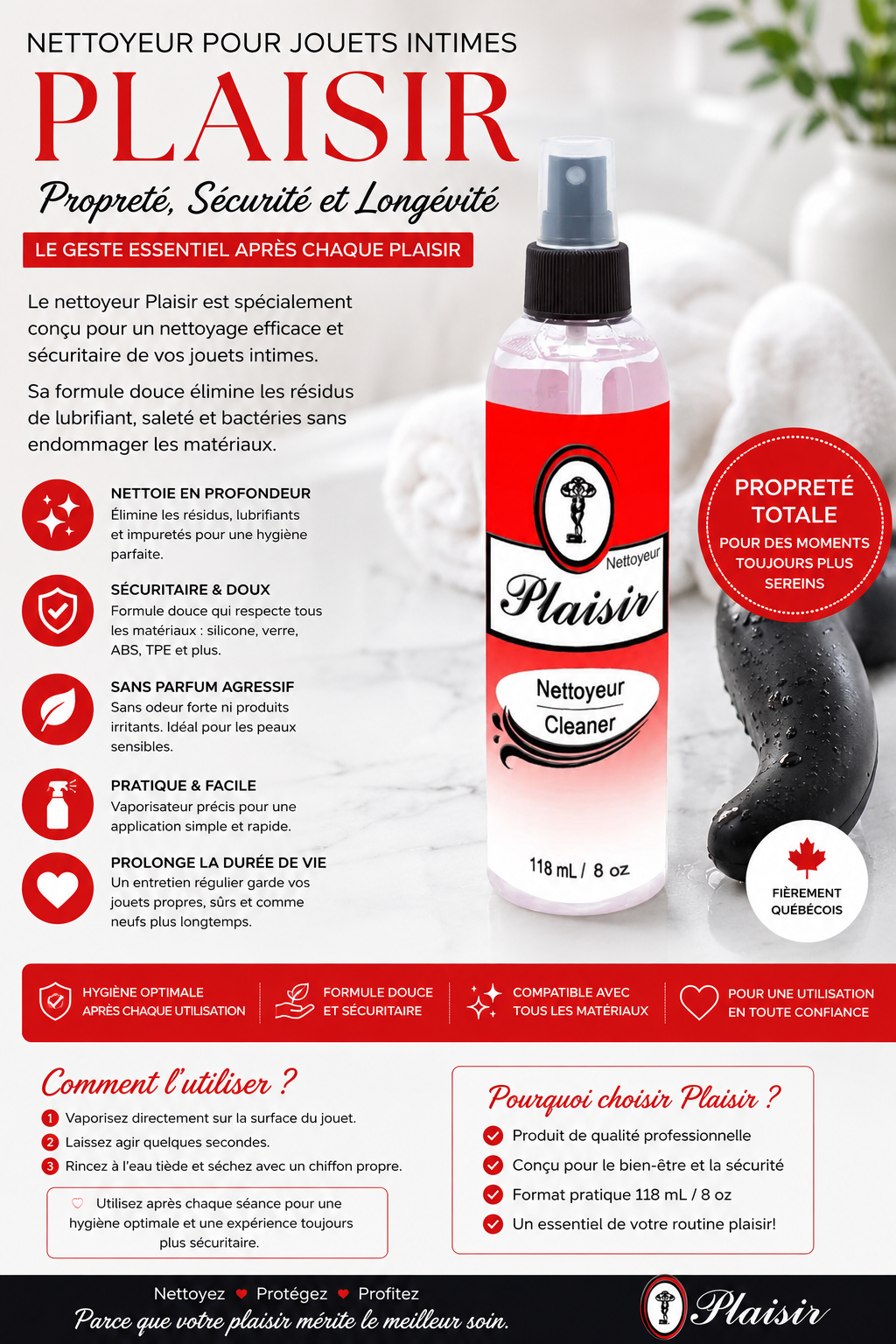 The Plaisir Cleaner for sex toys 8 oz/250 ml can also be used safely on the skin for external use.