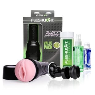 The Fleshlight Pink Lady male masturbator value pack contains the full Fleshlight experience all in one box.