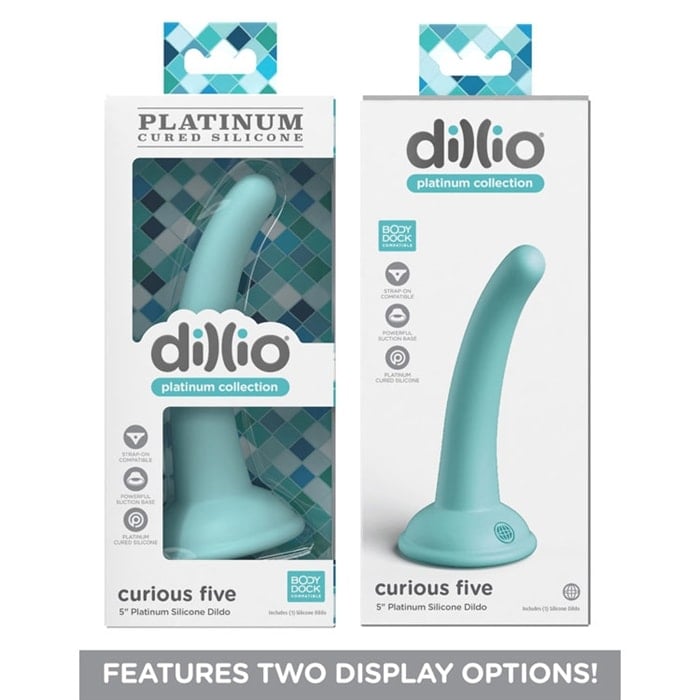 Dildo Dillio Platinum Curious Five (5 pouces/14,6 cm). Le dildo Dillio Platinum Curious Five fabriqué avec du silicone durci au platine de la plus haute qualité avec base de ventouse ultra-résistante.