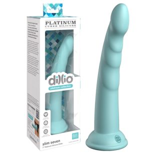 Le dildo Dillio Platinum Slim Seven fabriqué avec du silicone durci au platine de la plus haute qualité compatible avec Body Dock et autres harnais.