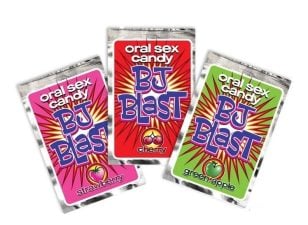 Bonbons pour Sexe Oral BJ Blast offert en trois saveurs.