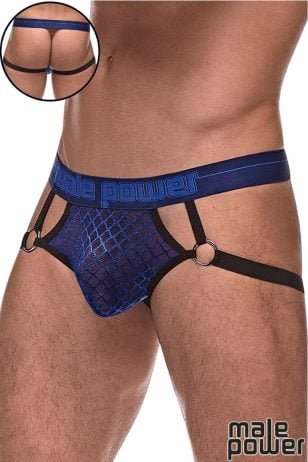 Diamond print semi-sheer stretch mesh jock with a wide elastic waistband.
