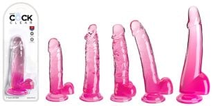 Translucent pink King Cock dildo available in six models.