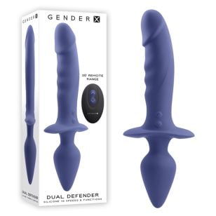 Double ended remote controlled vibrator with vibrating shaft and 10 speed plug.