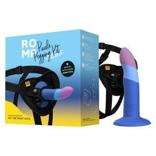 ROMP Piccolo harness with non-realistic silicone dildo and an adjustable harness for beginners.