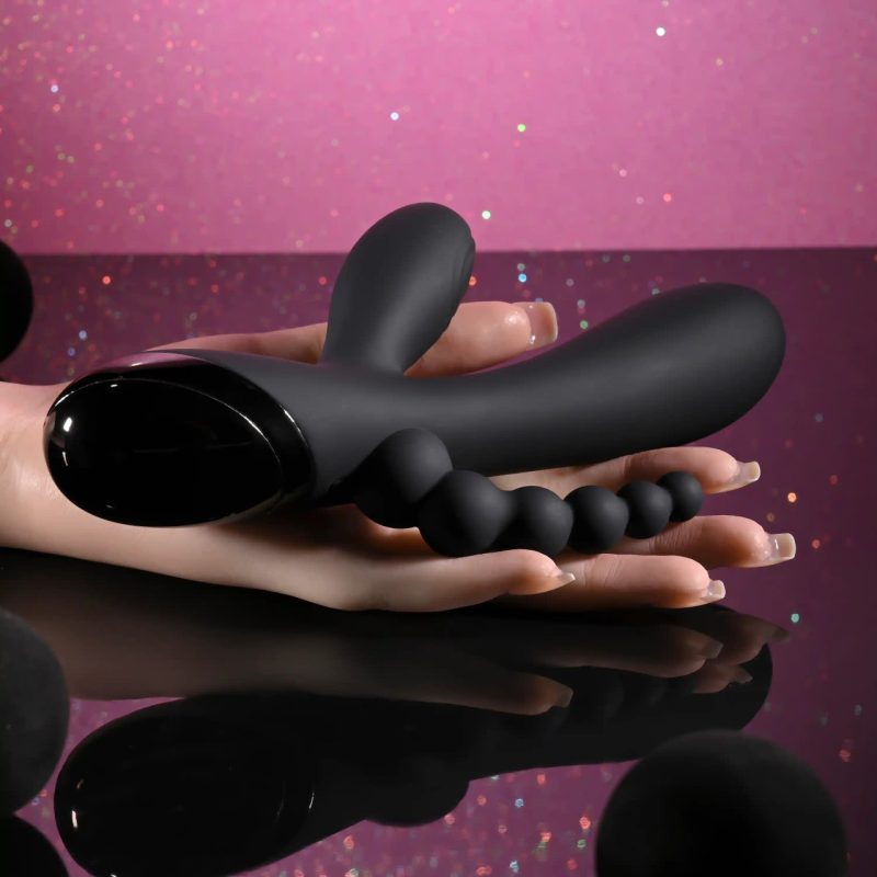Vibrator with three options: anal, vaginal and clitoral.