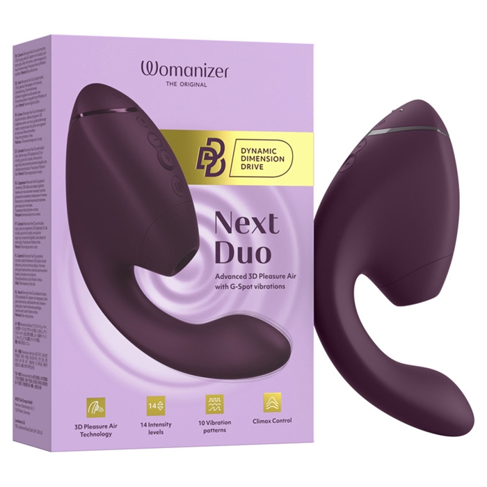 Womanizer Next Duo 2 purple rechargeable with USB cable.