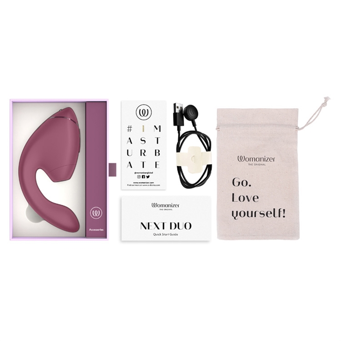 Womanizer Duo 2 Pink with USB cord for recharging.
