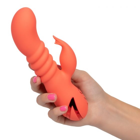 Le Vibrateur lapin Orange County Cutie a été pensé pour stimuler simultanément le point G et le clitoris, afin de décupler les sensations.