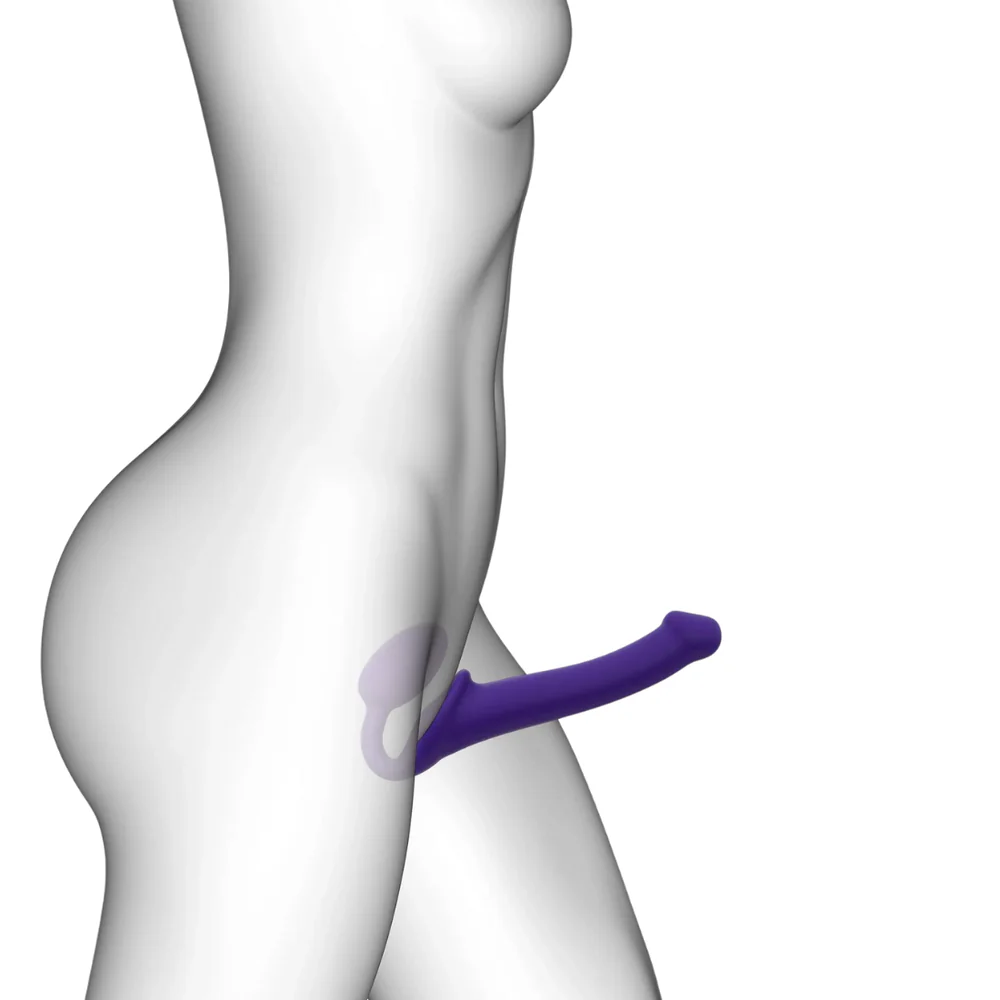 The vibrating and flexible purple strap-on is specially designed to offer simultaneous stimulation of the G-spot and clitoris.