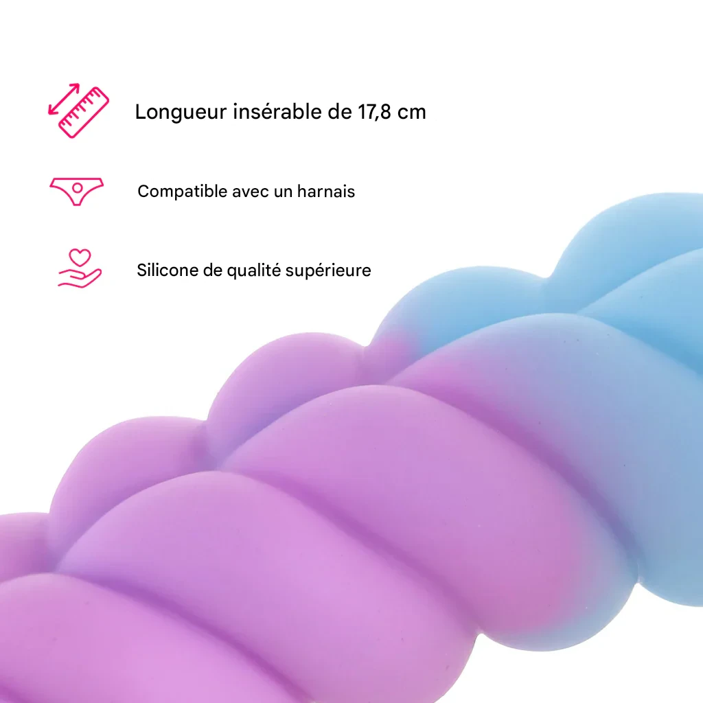 Ce dildo licorne est doté d’une large ventouse qui adhère solidement à toute surface plane et stable.