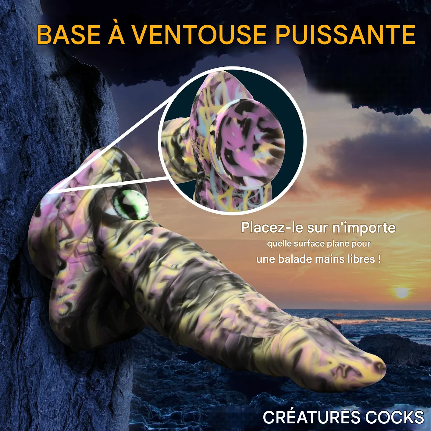 Grâce à sa base compatible avec la majorité des harnais, le Dildo Monstre Cyclope s’adapte à de nombreux scénarios.