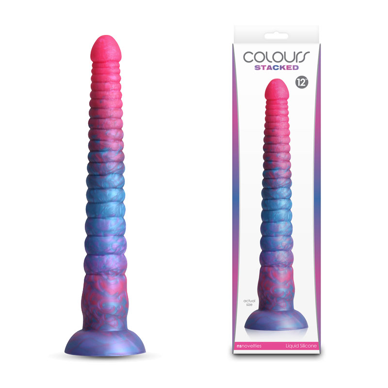 Dildo empilé bleu et rose – Design artistique, flexibilité extrême et plaisir maîtrisé.