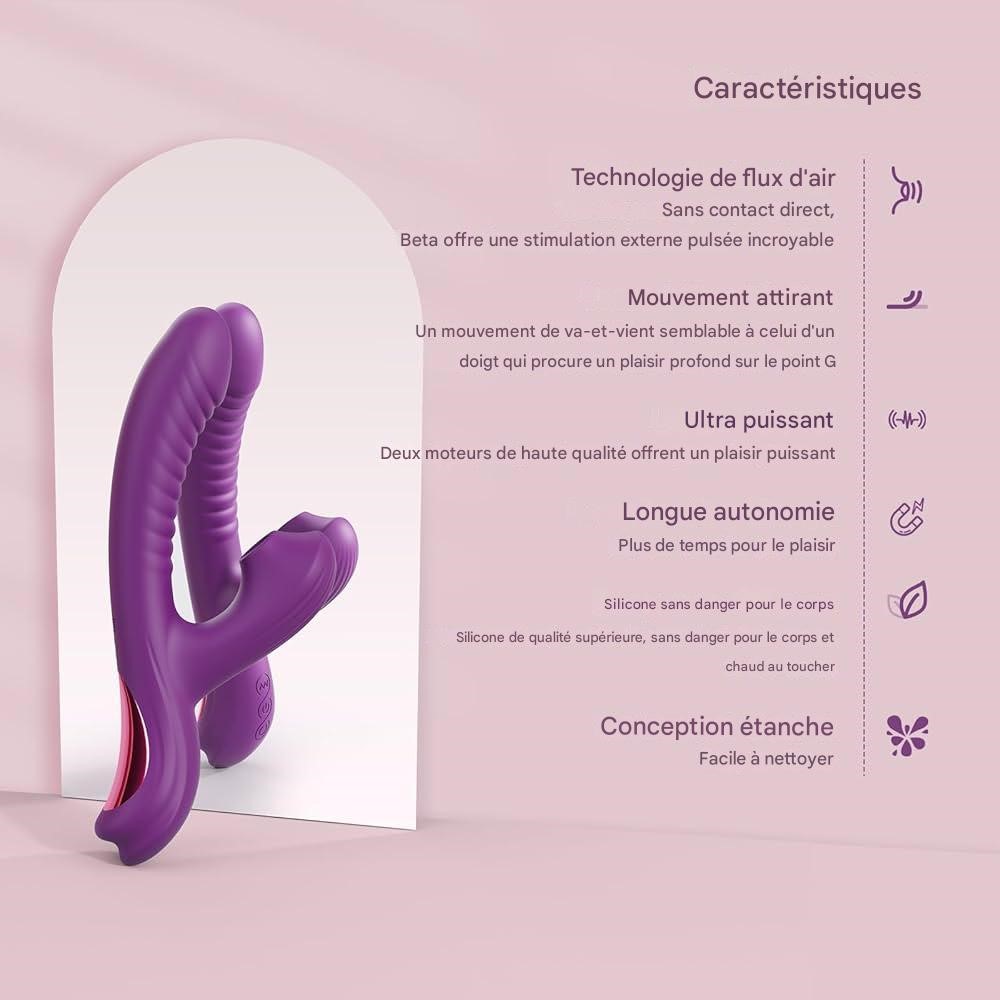 This rabbit vibrator combines a textured curved shaft and a suction clitoral stimulator.