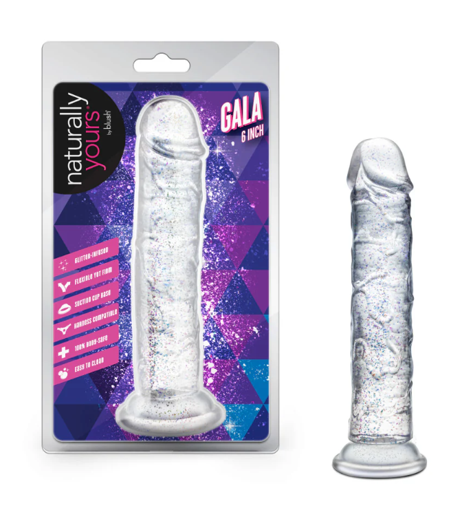 Dildo Gala Sparkling Clear – Paillettes glamour, ventouse puissante et compatibilité harnais (6 po).