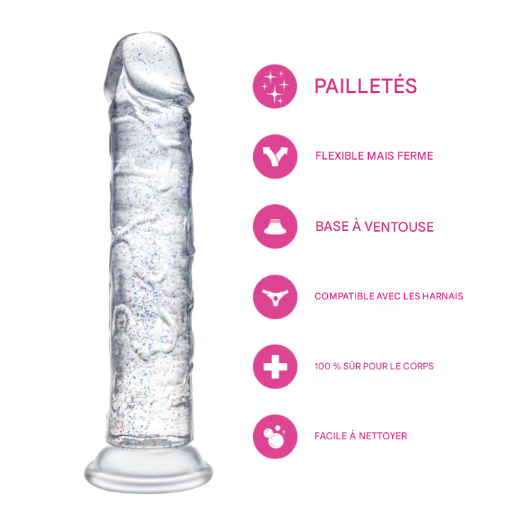 Harness compatible: even more options for couples with the Glamor Sparkling Clear dildo.