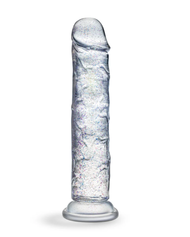 A glittery “sparkling clear” dildo that catches the eye.