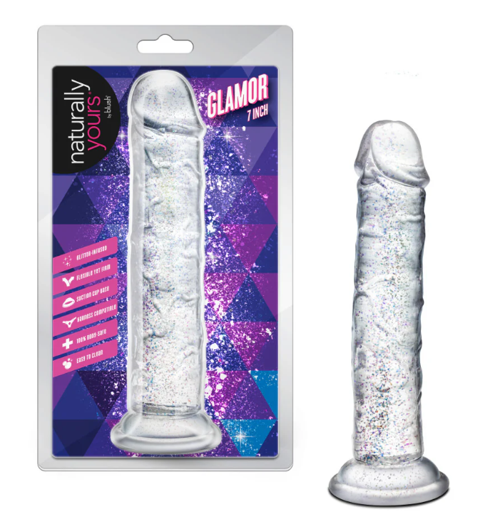 Dildo Glamor Sparkling Clear – Glamorous glitter, powerful suction cup and harness compatibility (7 in).