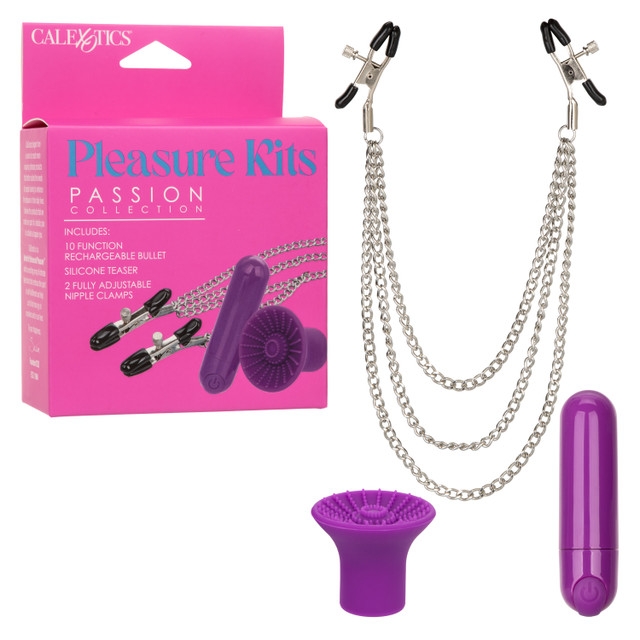 Rechargeable intimate set with vibrating egg, stimulator tip and adjustable nipple clamps.
