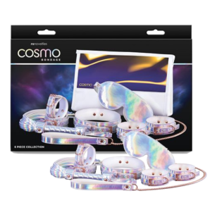 Holographic BDSM set with handcuffs, collar, leash, mask and whip.