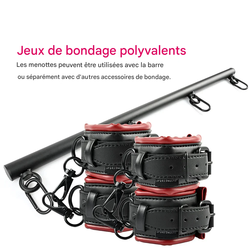 Kit BDSM avec barre rigide et 4 menottes ajustables.