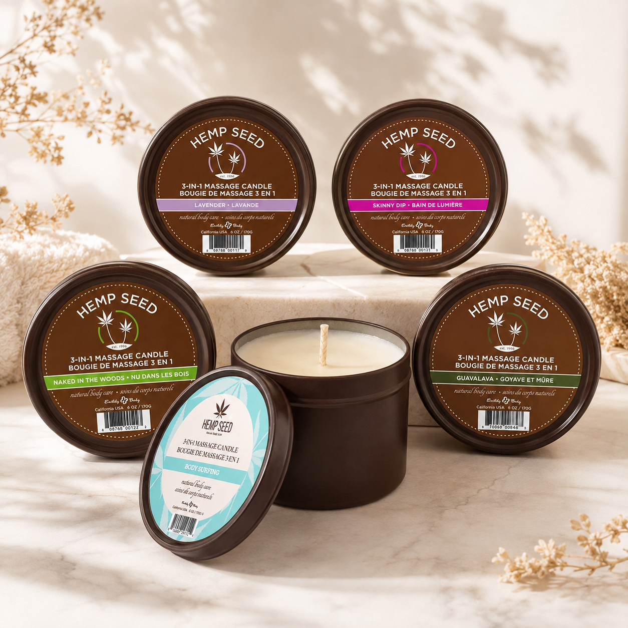 Create a warm atmosphere while taking care of the skin with the Earthly Body 6oz 3-in-1 Hemp Seed Massage Candle.