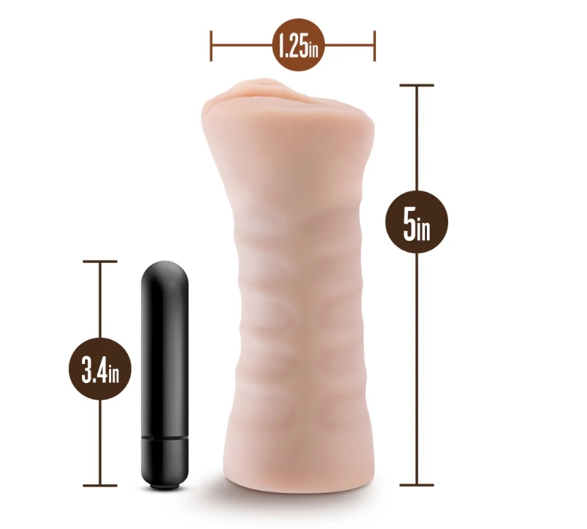 The M for Men Rain masturbator measures approximately 5 inches long, 1.75 inches wide, and 2 inches high.