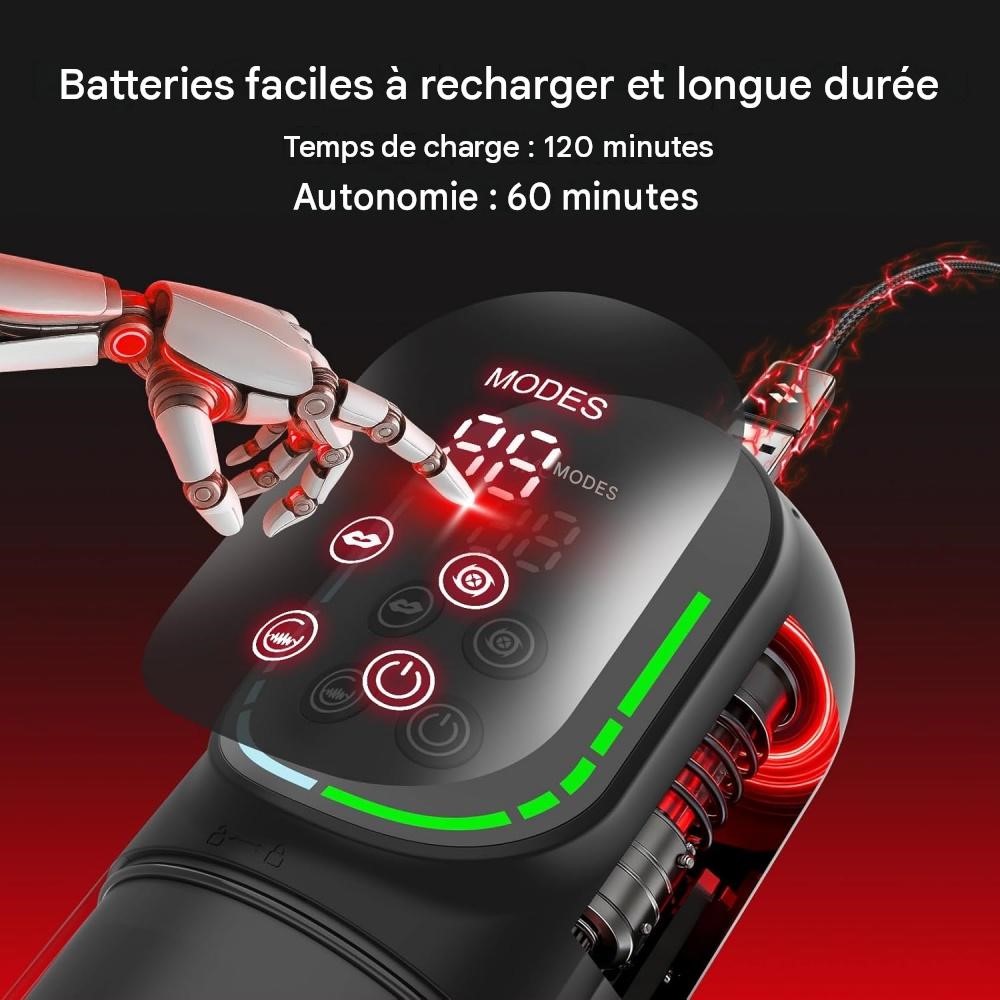 With its digital display and black-and-red design, this masturbator also boasts a modern, sleek look.