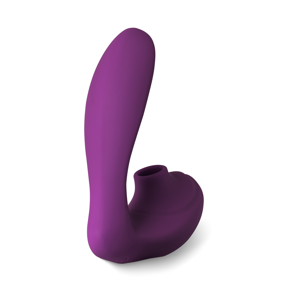 The purple 2-in-1 clitoral stimulator is made from medical-grade silicone.