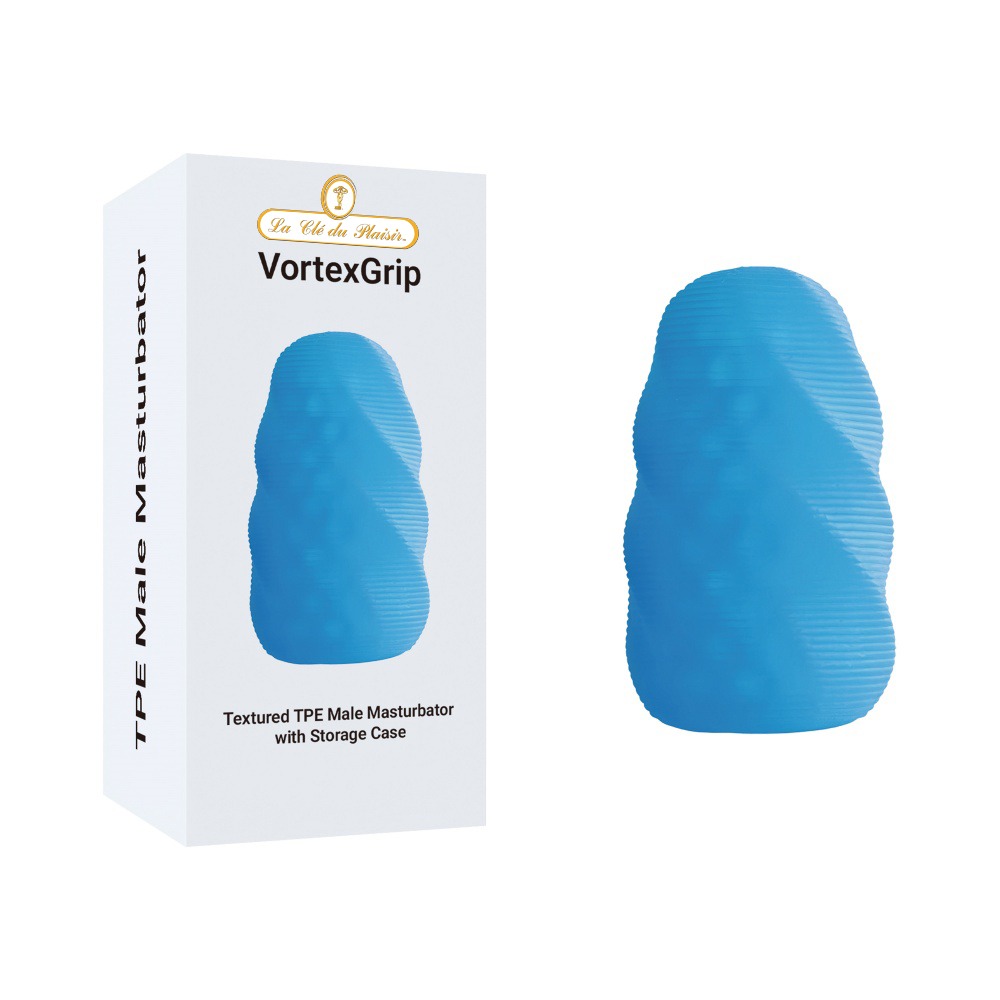 Blue Vortex masturbator – dual internal texture, compact size, and storage case.