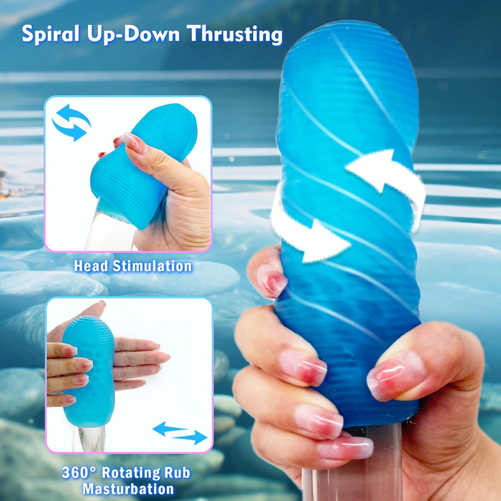 The transparent blue Vortex masturbator is made of soft, flexible TPE.