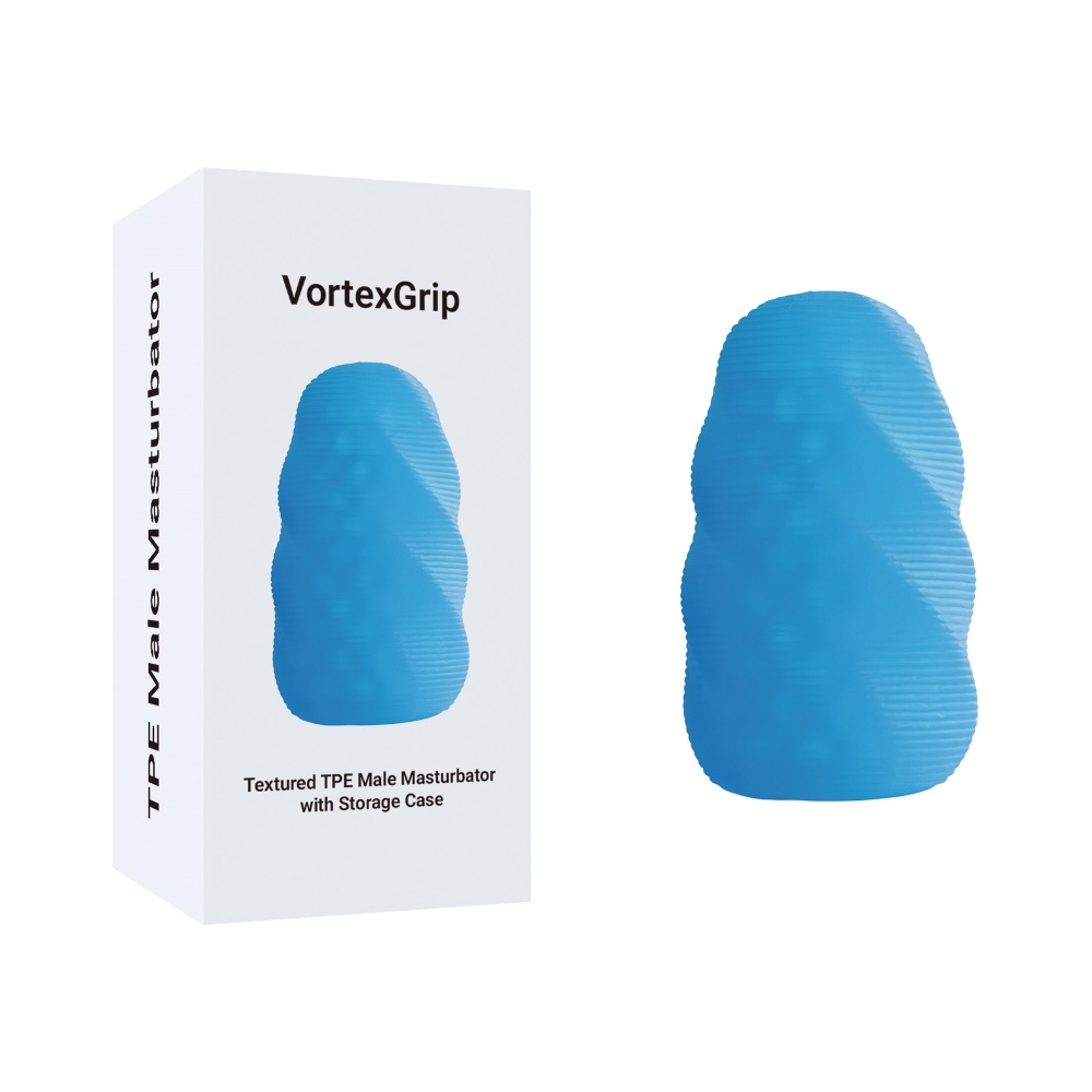 Blue Vortex Masturbator—Dual Inner Texture, Compact Size, and Storage Case.