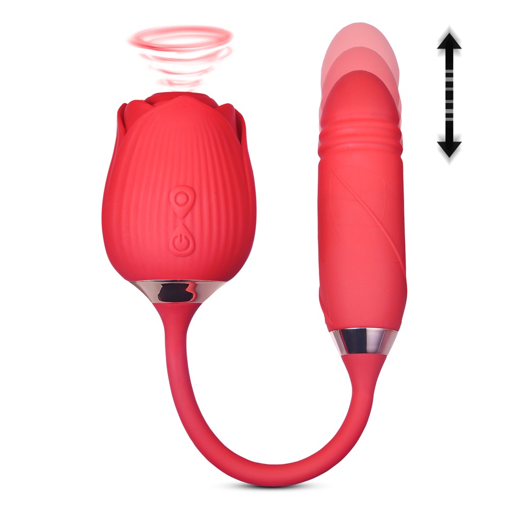 The Clitoral Rose with thrusting vibrator combines three types of stimulation in a single toy with an original design.