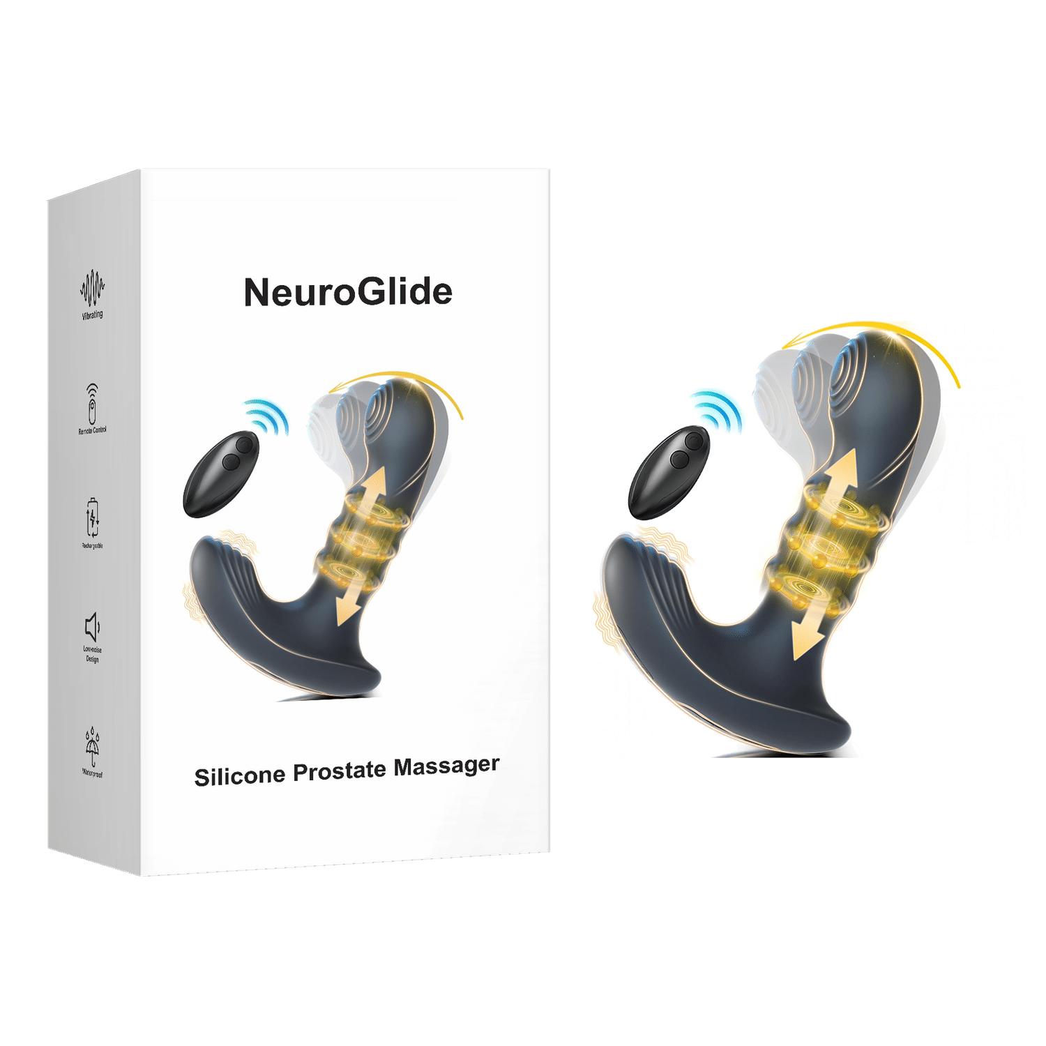 Vibrateur de prostate NeuroGlide avec billes mobiles et télécommande.
