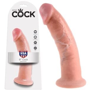 The powerful suction cup of the King Cock realistic dildo with 9 inch suction cup, at the base, sticks to almost any flat surface.
