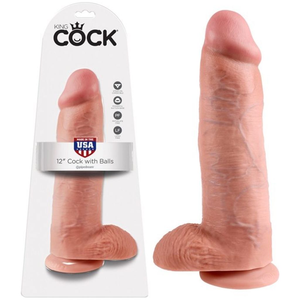 Le dildo réaliste de 12 pouces King Cock avec ventouse, se fixe à toutes surfaces lisses et peut également s’utiliser avec un harnais.