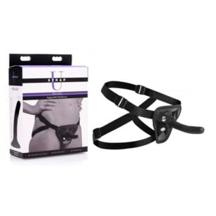 La légère courbe de la ceinture avec harnais réglable et dildo noir Pegged fournit une stimulation subtile à la prostate.