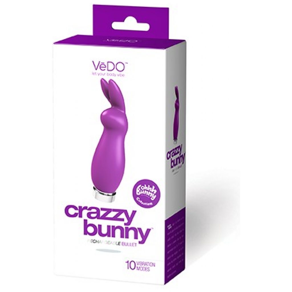 Le vibrateur Crazy Bunny mauve rechargeable de Vedo est complètement fou.