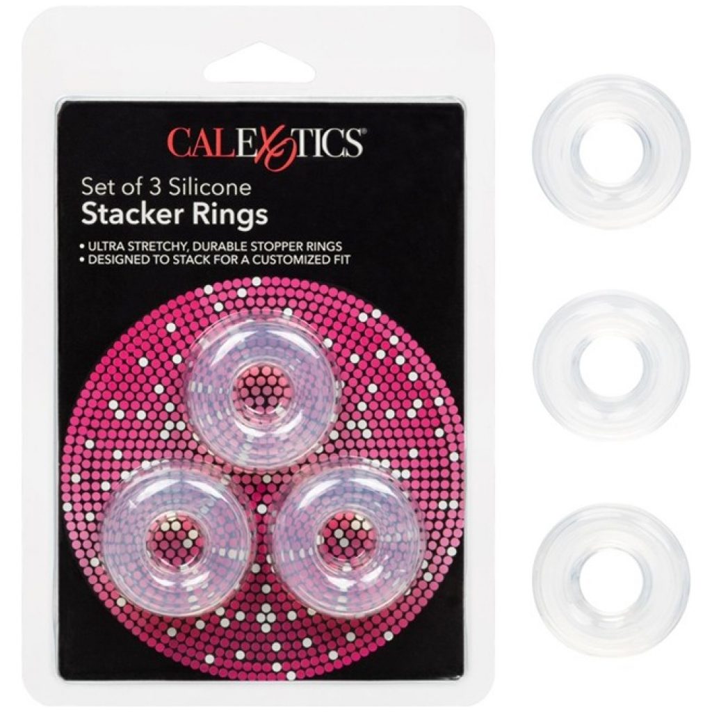 Our customizable set of 3 clear silicone Stacker ring set fits snugly around you to provide a soft cushion for your partner.